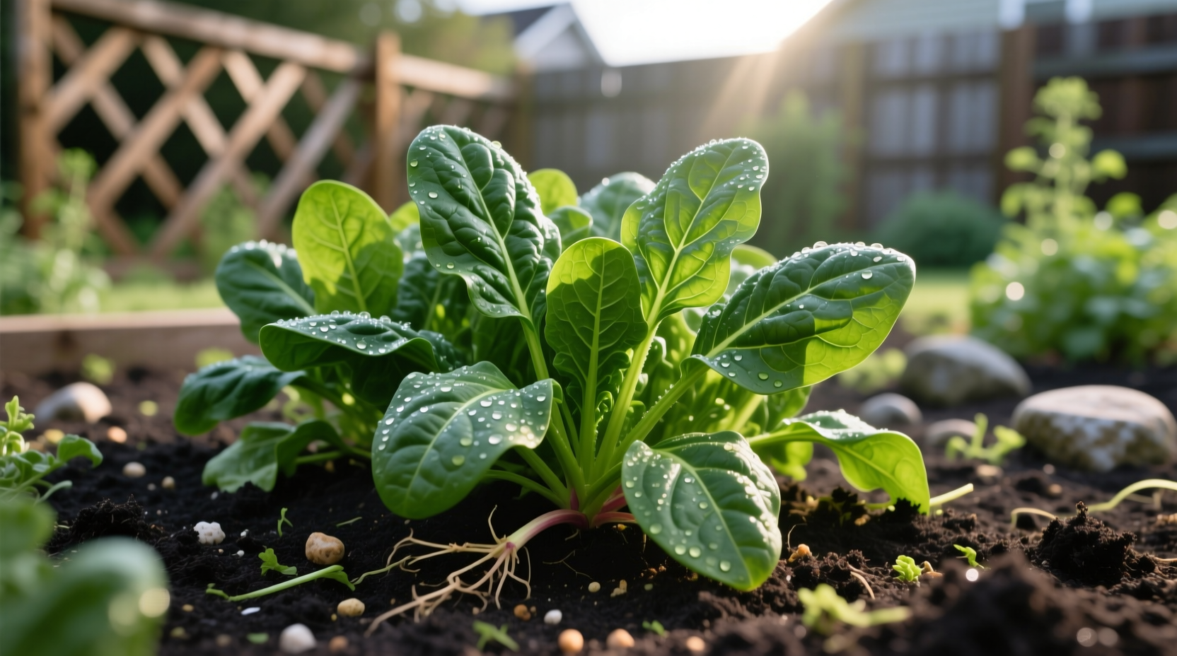 Spinach plants growing in garden soil with healthy green leaves