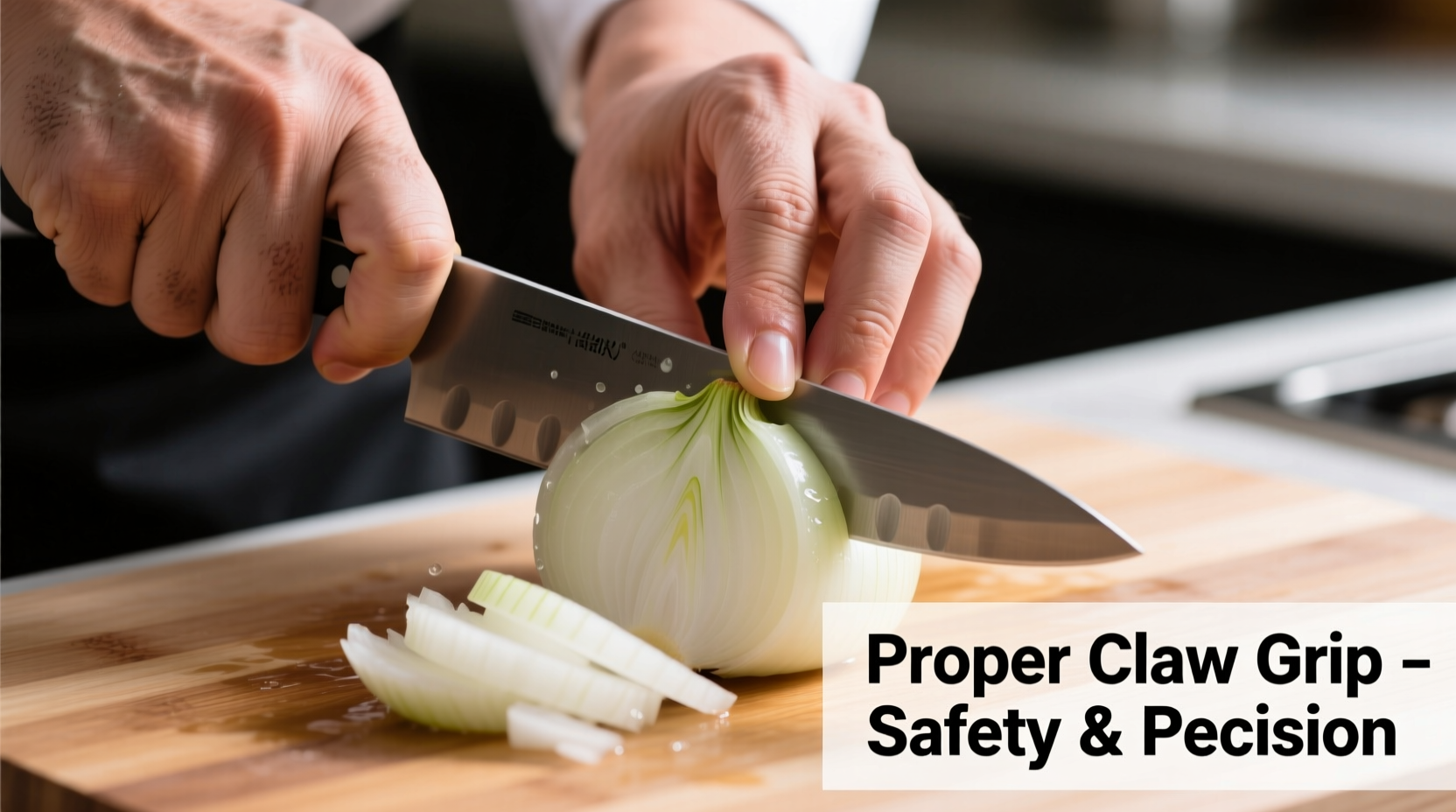 Chef's hand demonstrating proper claw grip while dicing onion
