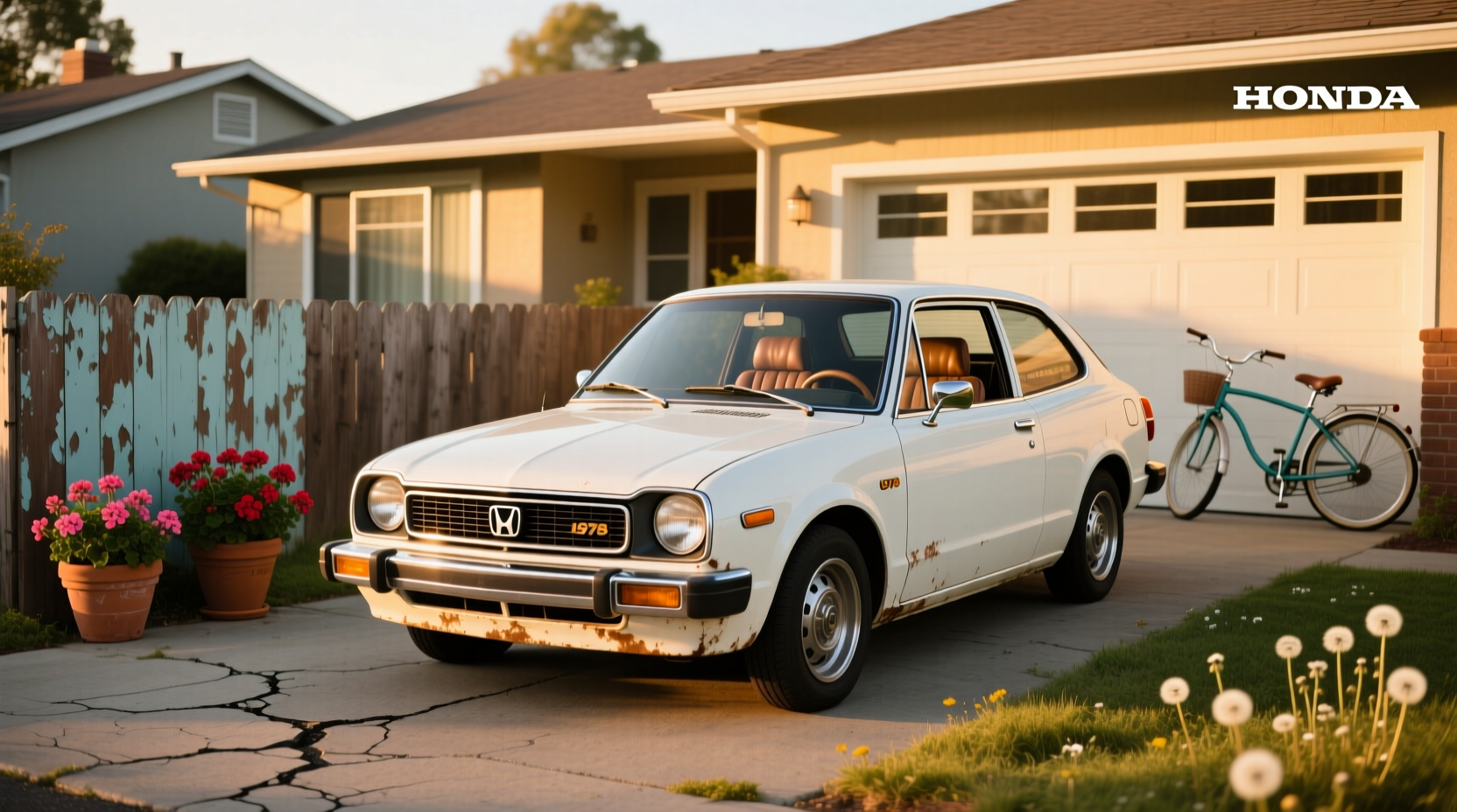 Side profile of a yellow 1978 Honda Civic hatchback on urban street