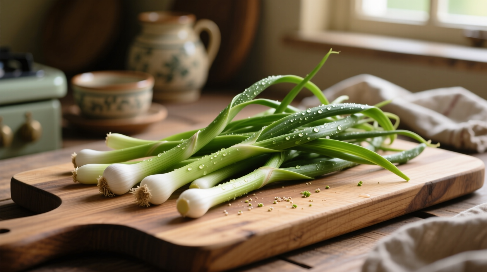 Fresh garlic scapes on wooden cutting board