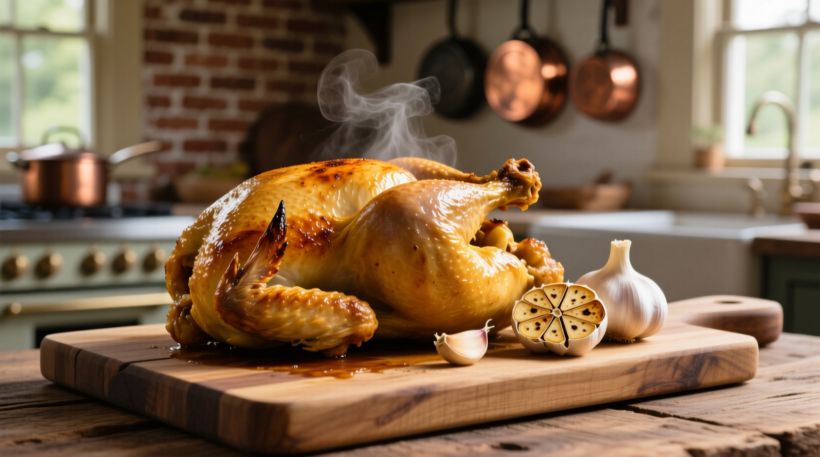 Roasted chicken with golden garlic cloves