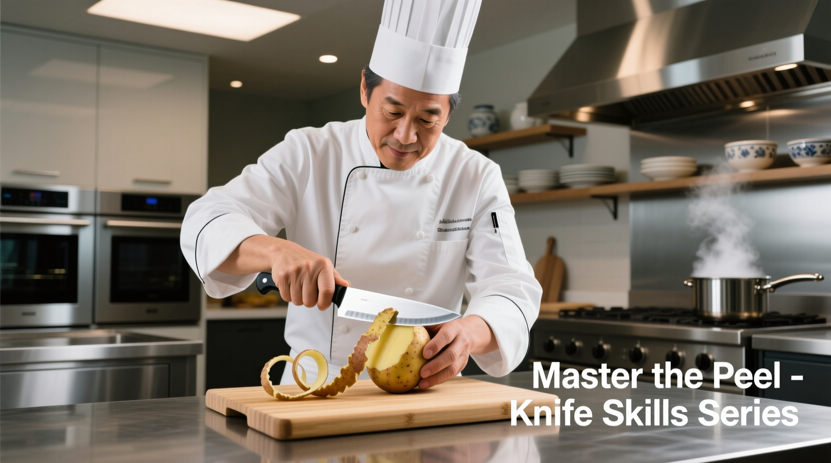 Professional chef demonstrating proper potato peeling technique