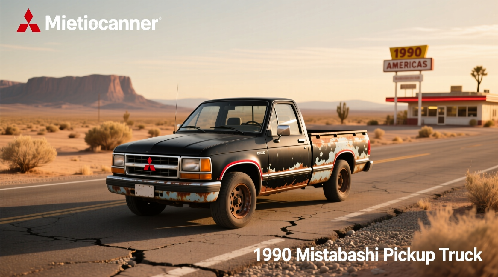 Side view of 1990 Mitsubishi pickup showing boxy design and steel wheels