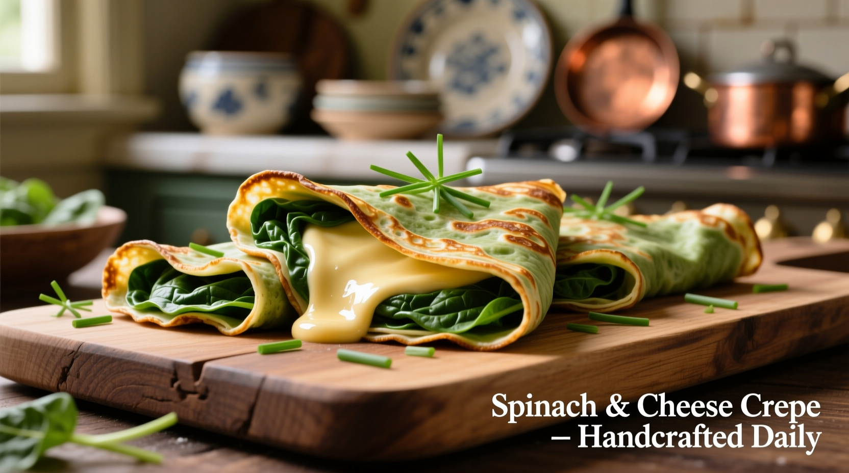 Perfectly folded spinach crepes with cheese filling