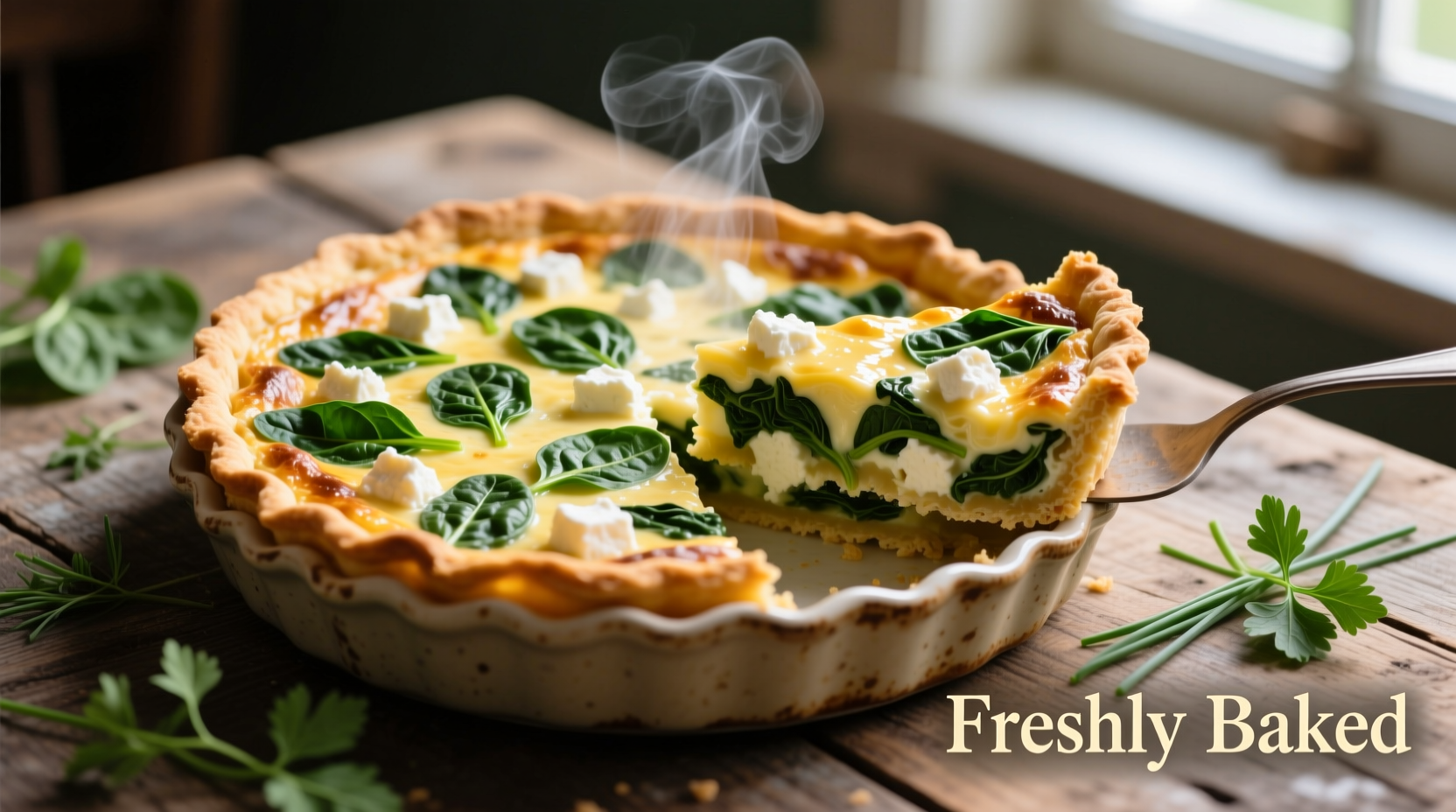 Golden spinach and goat cheese quiche fresh from oven