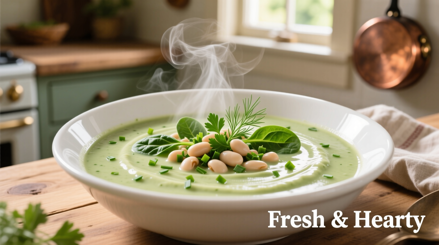 Creamy spinach bean soup in white bowl with fresh herbs