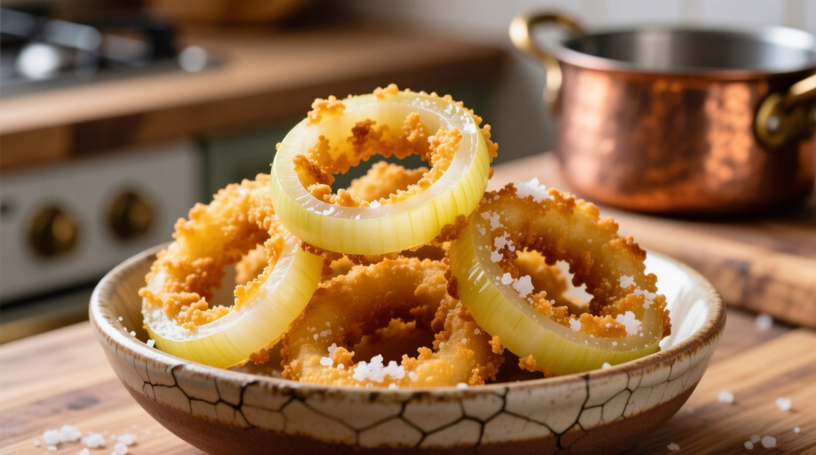 Golden brown onion rings with crispy breadcrumb coating