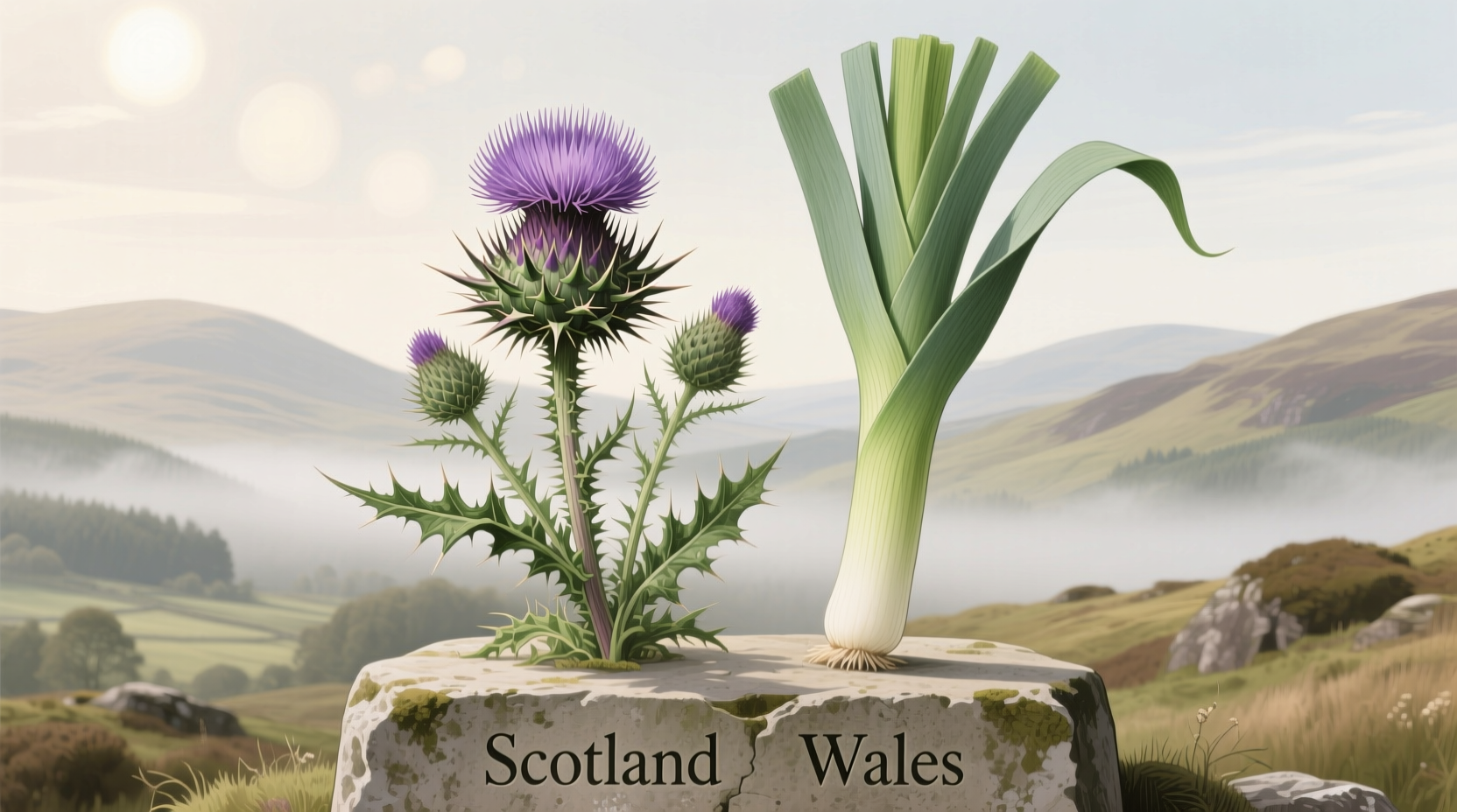 Scottish thistle and Welsh leek side by side