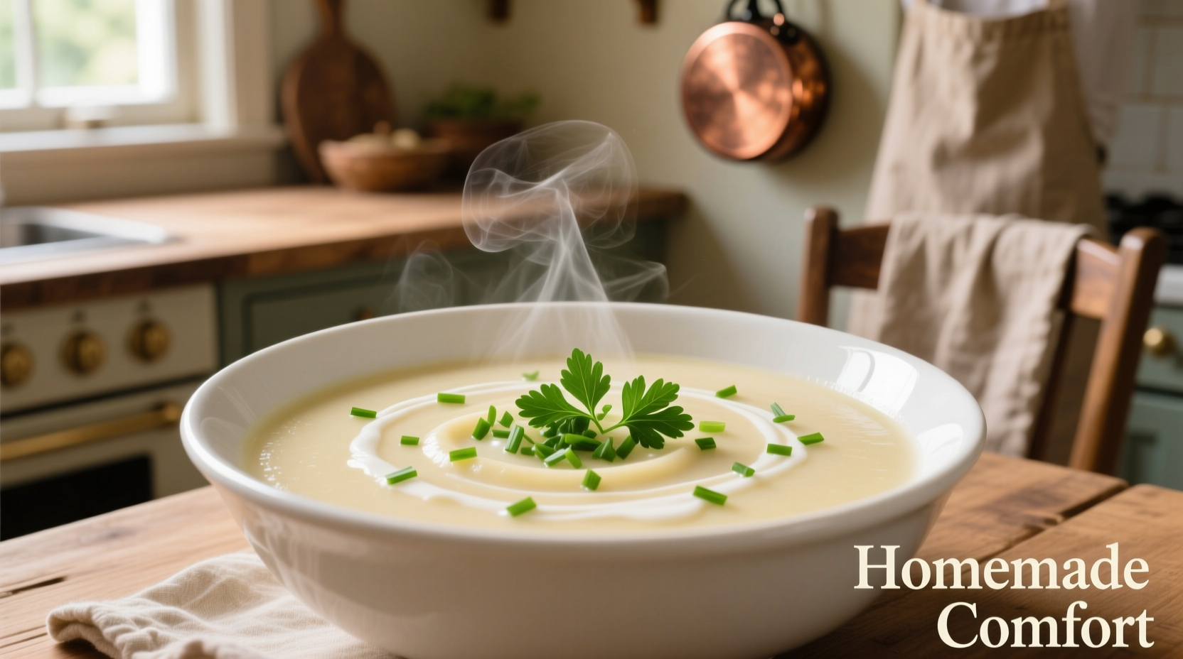 Creamy potato soup in white bowl with fresh herbs