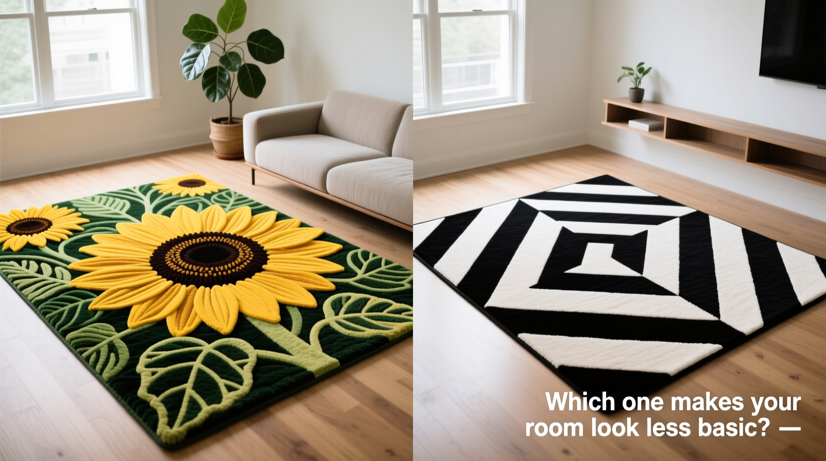 sunflower rug vs geometric rug which one makes your room look less basic