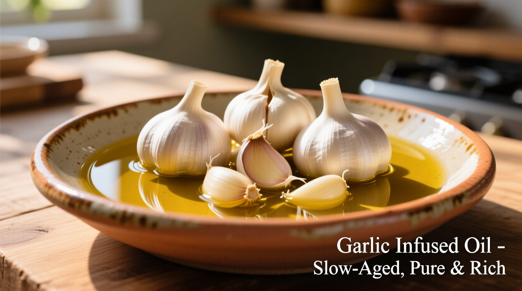 Golden garlic cloves submerged in olive oil in ceramic dish