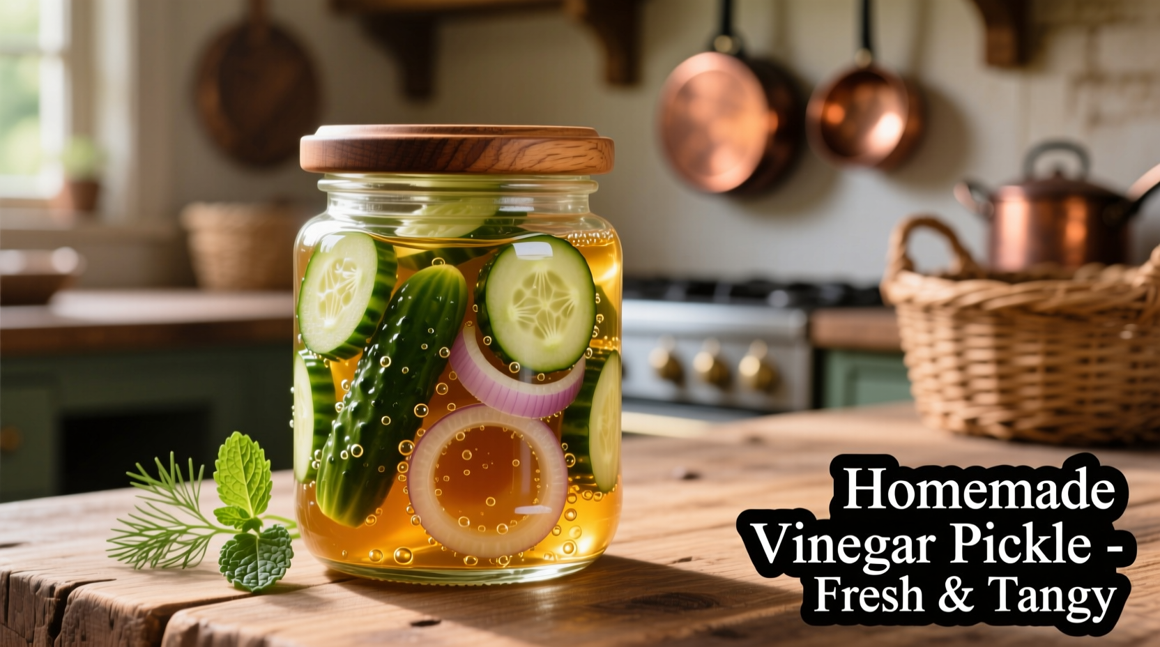 Crisp cucumber and onion vinegar pickle in glass jar