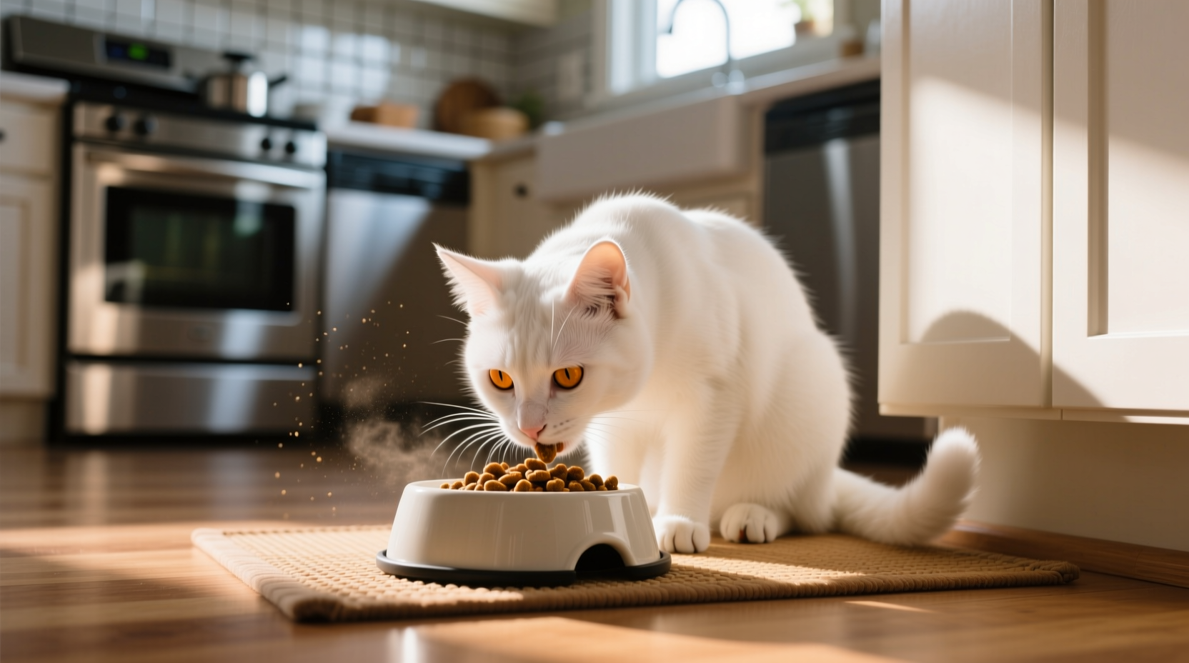 Cat safely eating from food bowl away from kitchen counter