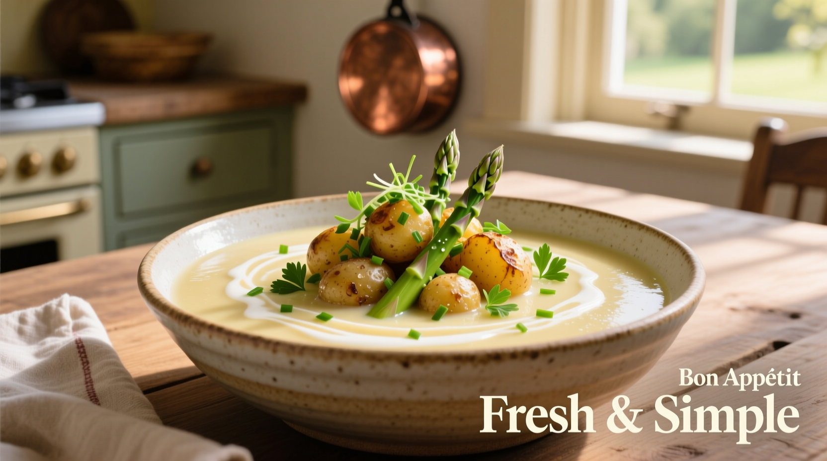 Creamy asparagus soup with potato garnished with fresh herbs