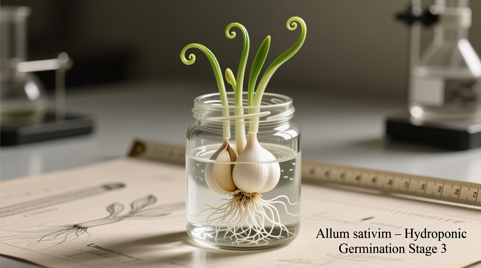 Garlic sprouts growing in water container