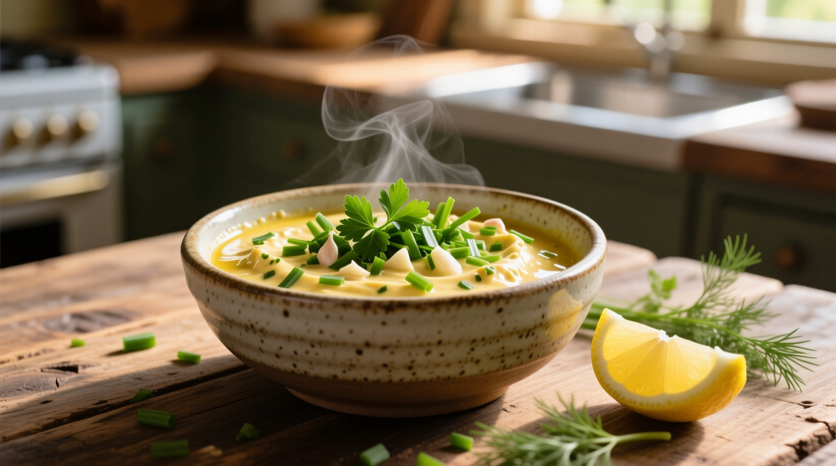 Homemade garlic aioli in ceramic bowl with fresh herbs