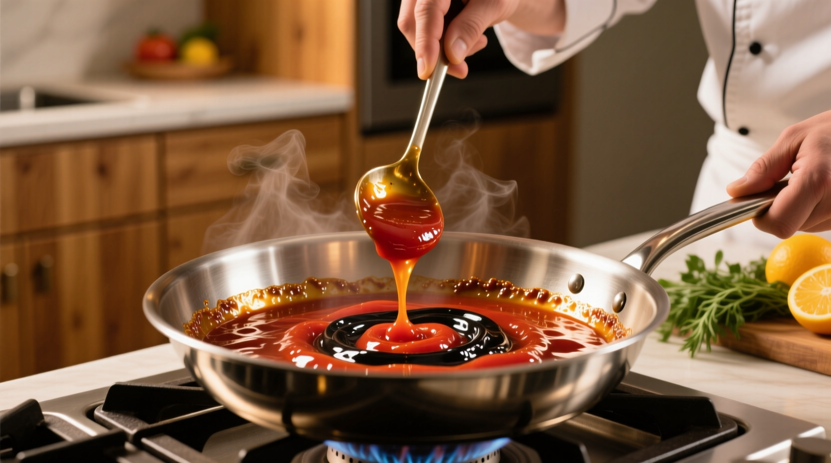 Chef caramelizing tomato paste in stainless steel pan