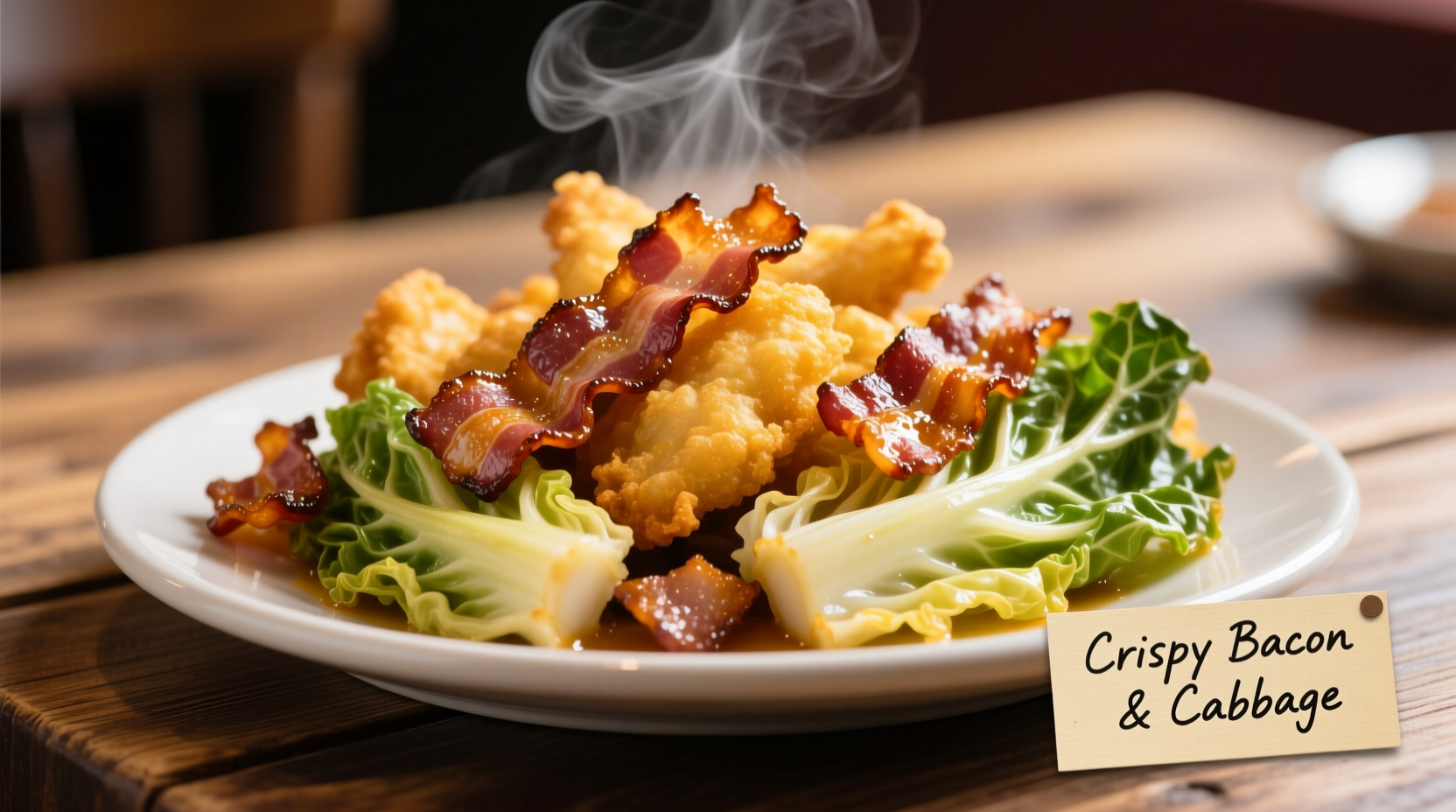 Golden fried cabbage with crispy bacon pieces