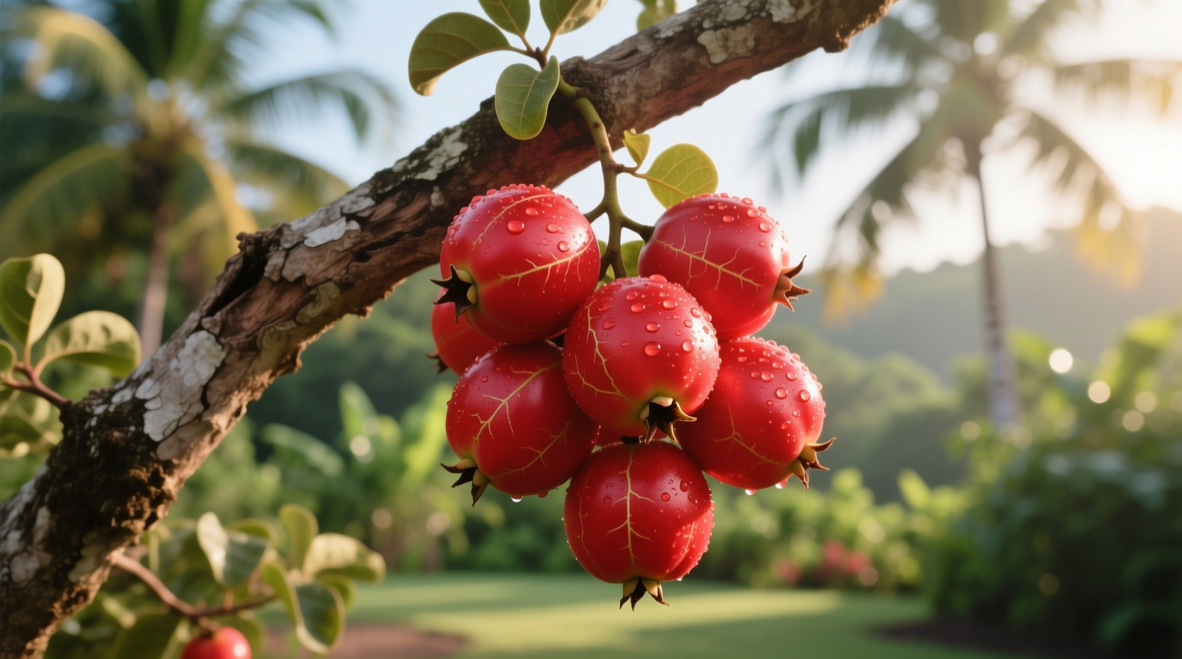 Ripe red tamarillo fruits hanging on tree branch