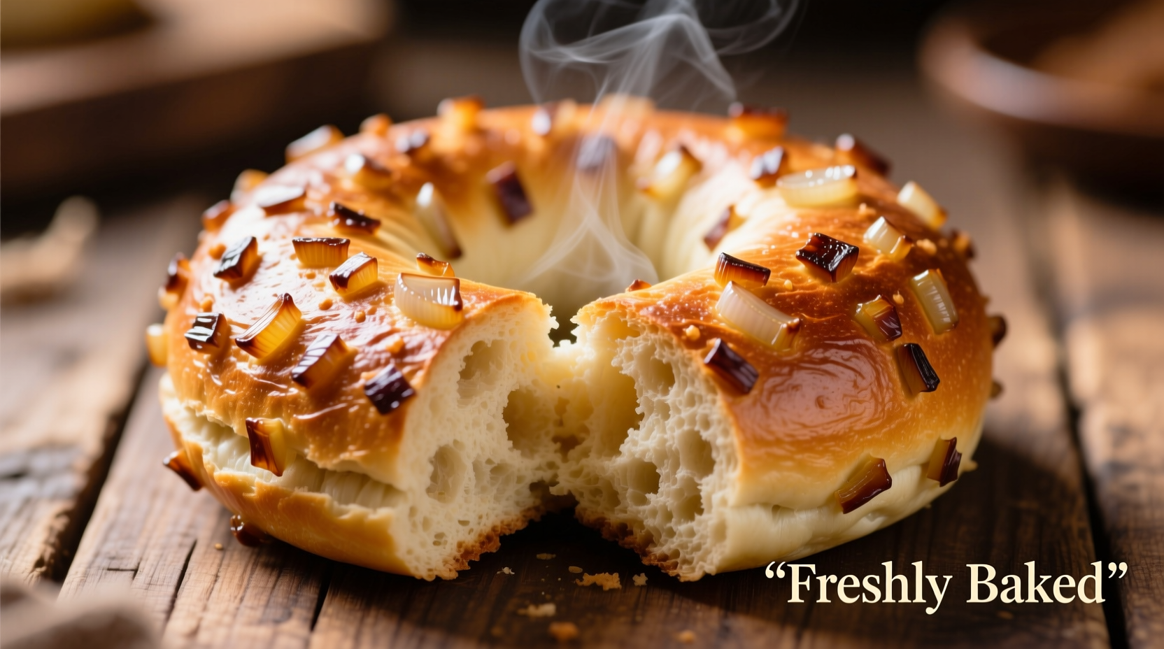 Freshly baked onion bagel with visible onion specks