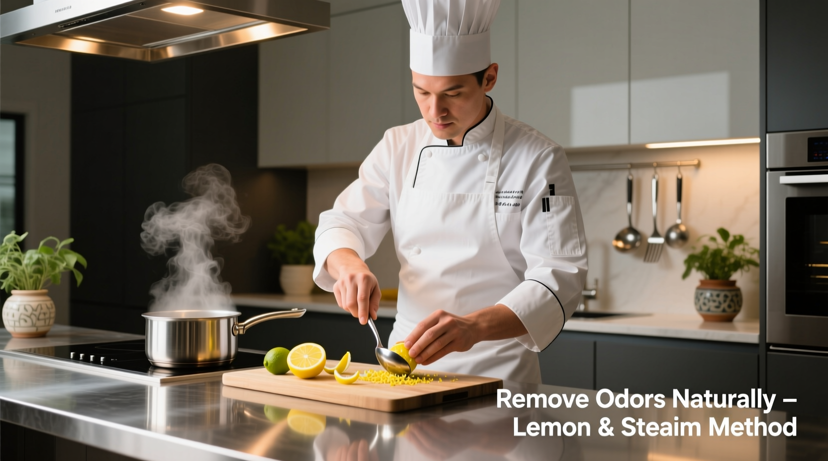 Chef demonstrating stainless steel odor removal technique