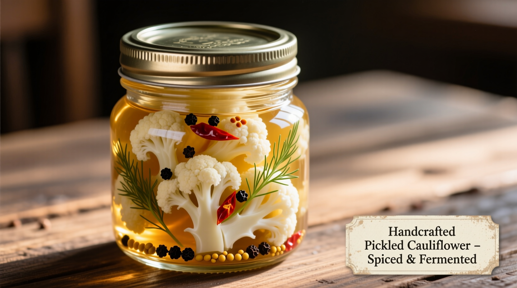 Crisp pickled cauliflower in mason jar with spices