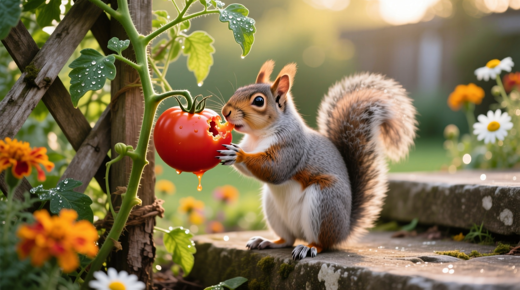 Squirrel eating tomato on vine in garden