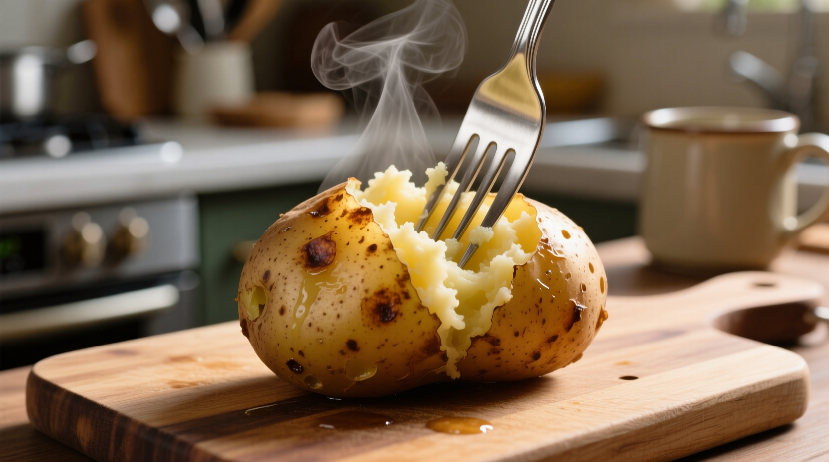 Microwaved potato with fork test showing doneness