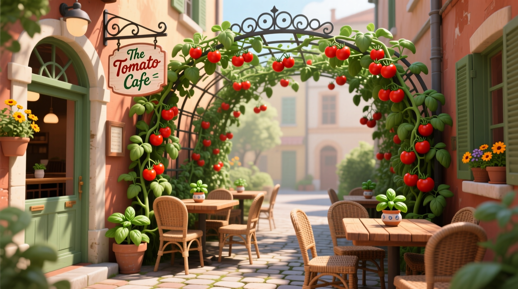 The Tomato Cafe's garden seating area with tomato vines