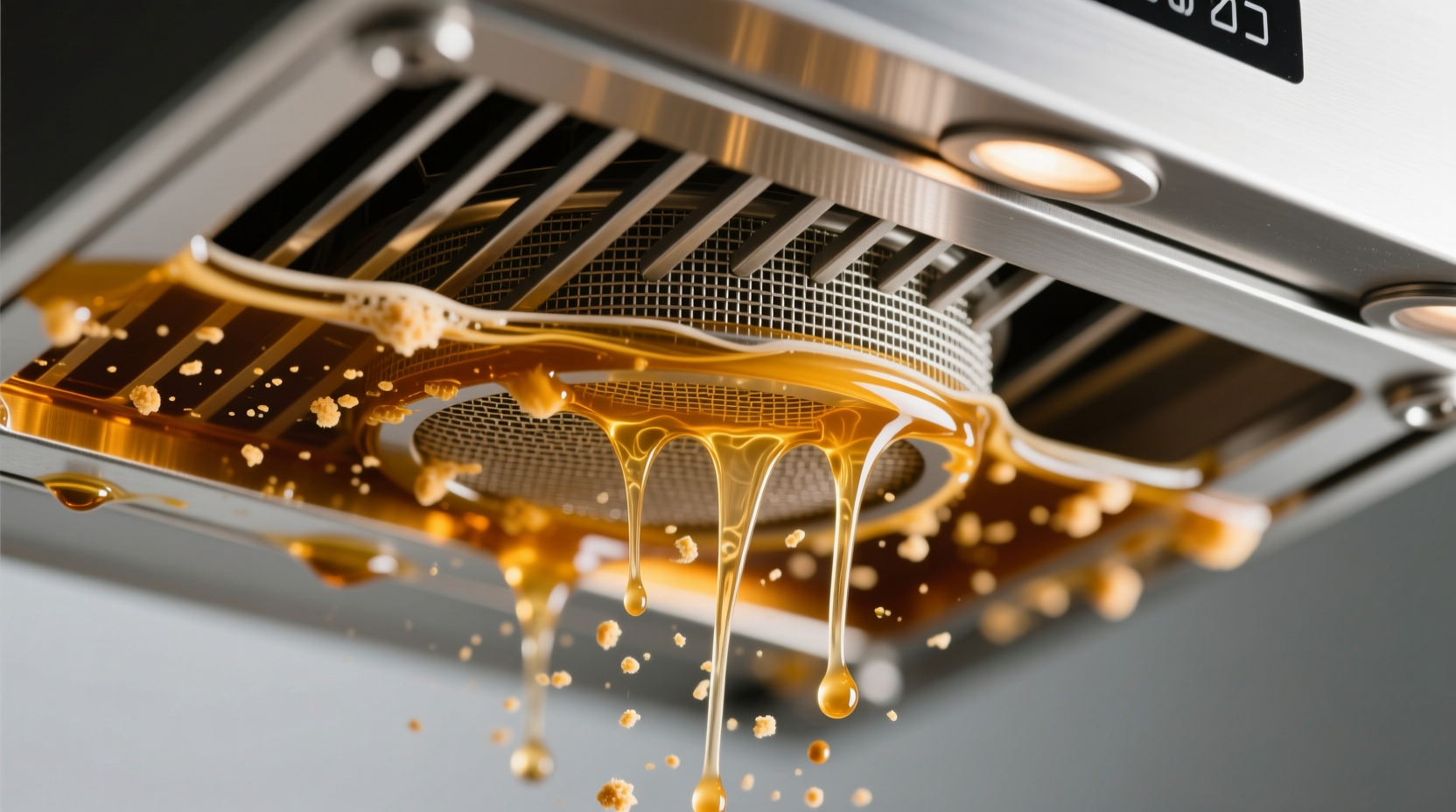 Close-up photograph of an aluminum range hood filter submerged in clear amber liquid (fermented soy cleaner), with visible grease lifting from the mesh surface after 15 minutes of soaking—no discoloration or bubbling on the metal