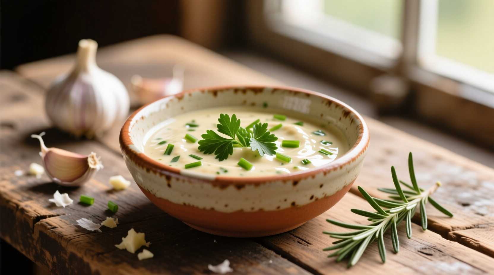 Homemade garlic dipping sauce in ceramic bowl with fresh herbs