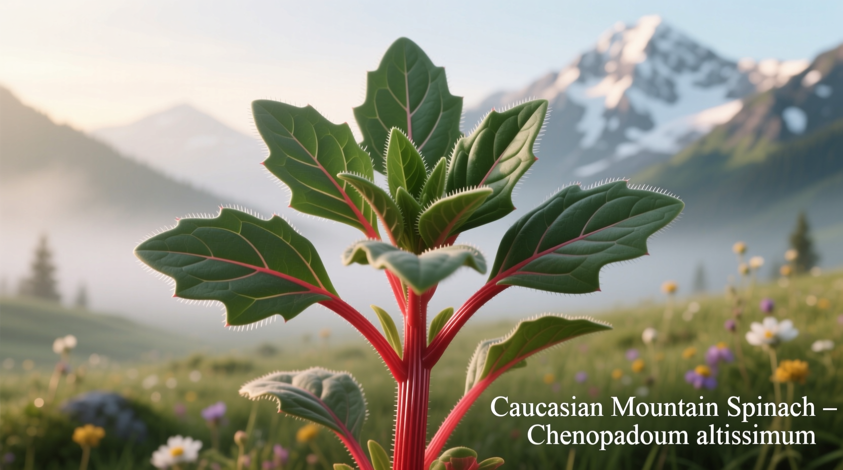 Caucasian Mountain Spinach plant with distinctive red stems and triangular leaves