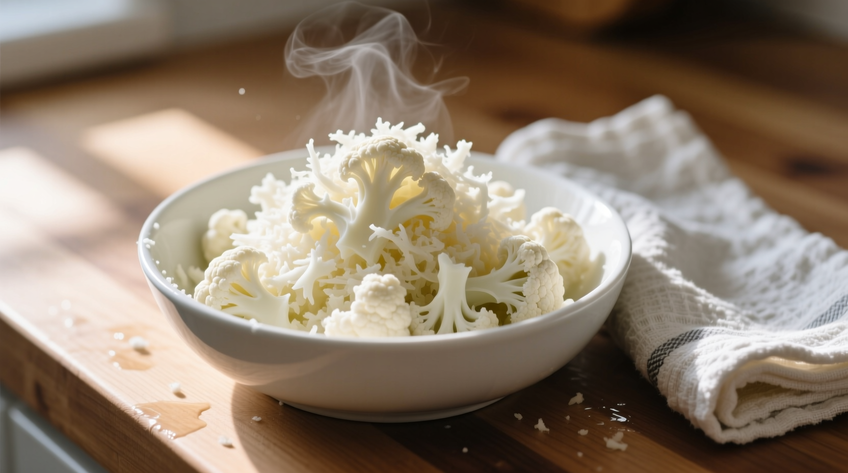 Freshly grated cauliflower in a bowl with kitchen towel