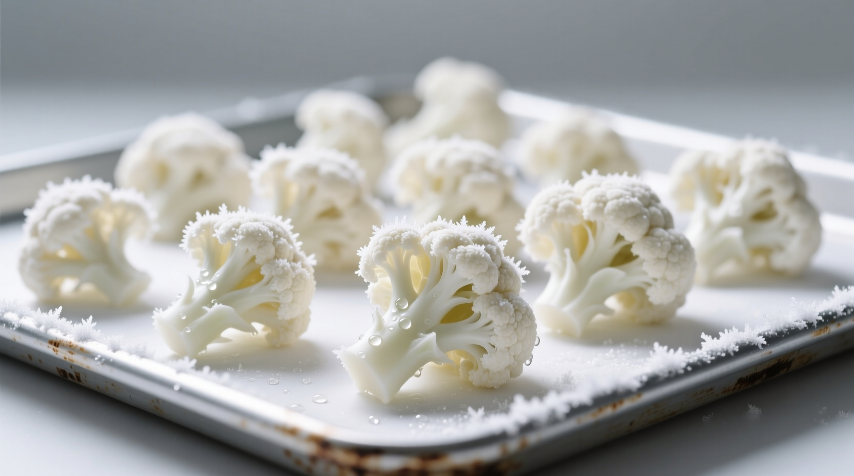 Fresh cauliflower florets arranged on baking sheet before freezing
