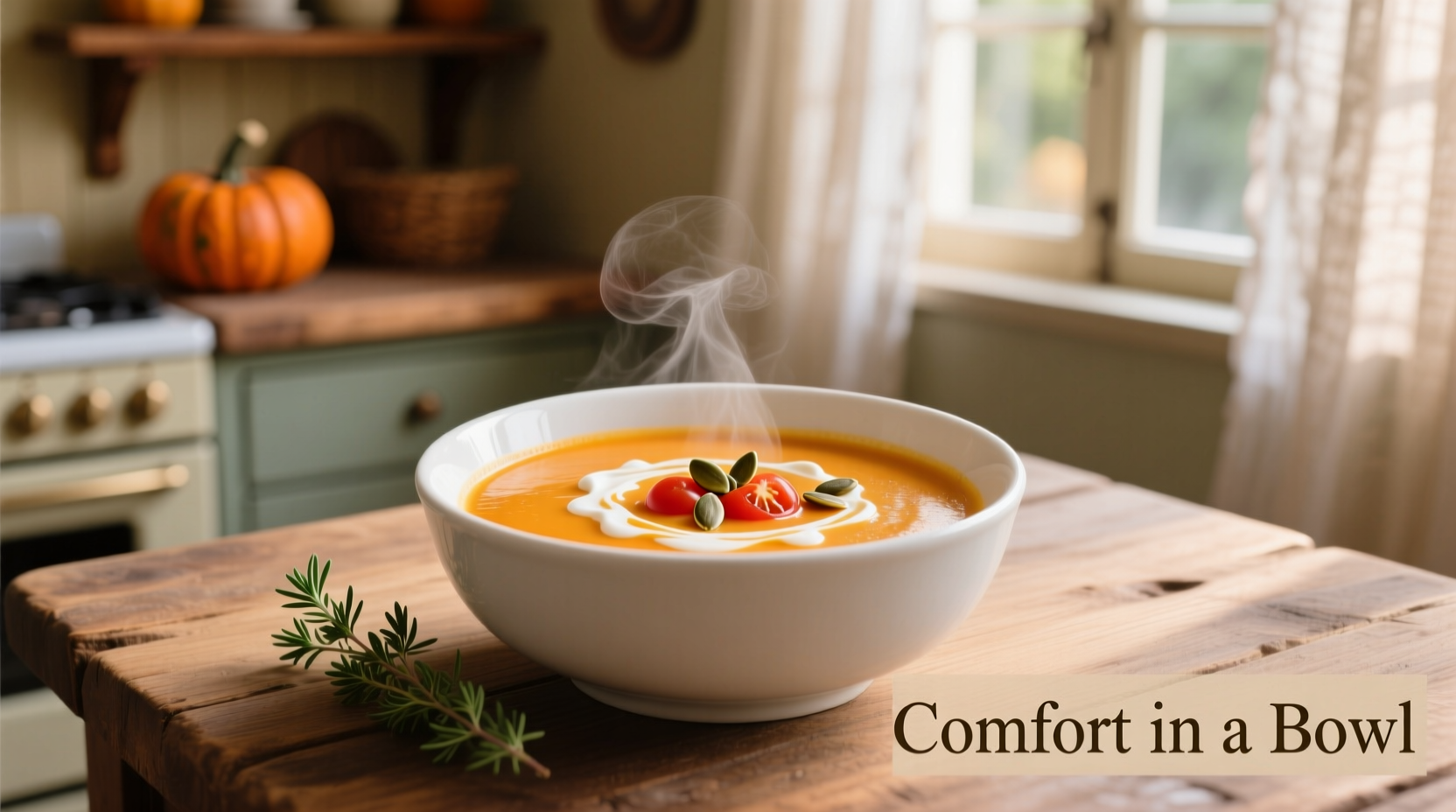 Creamy butternut squash and tomato soup in white bowl