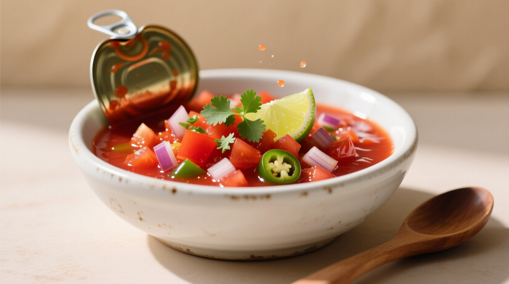 Vibrant red canned tomato salsa in white bowl