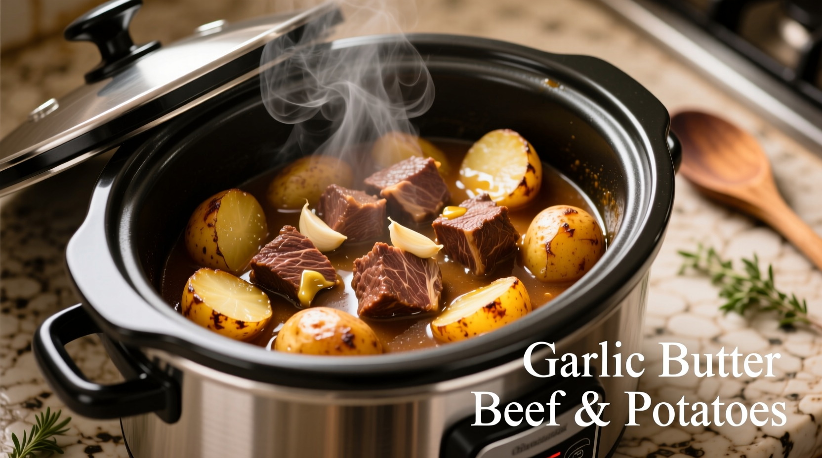 Slow cooker filled with garlic butter beef and potatoes