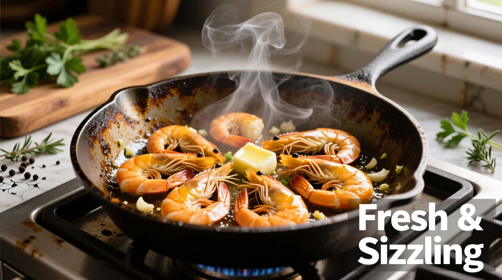 Golden garlic shrimp sizzling in cast iron skillet