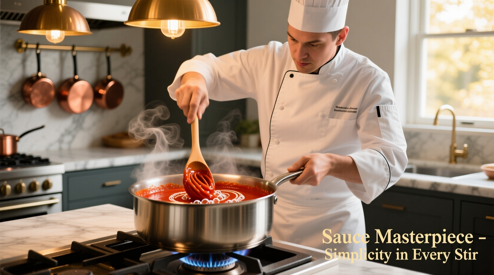 Chef whisking tomato paste and water in saucepan