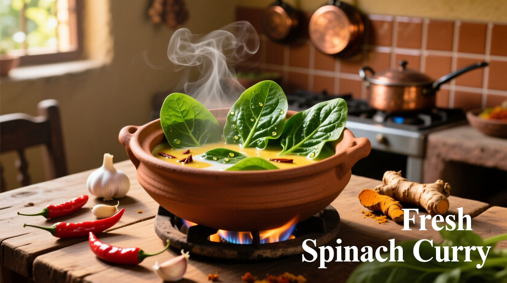Fresh spinach leaves in a curry pot