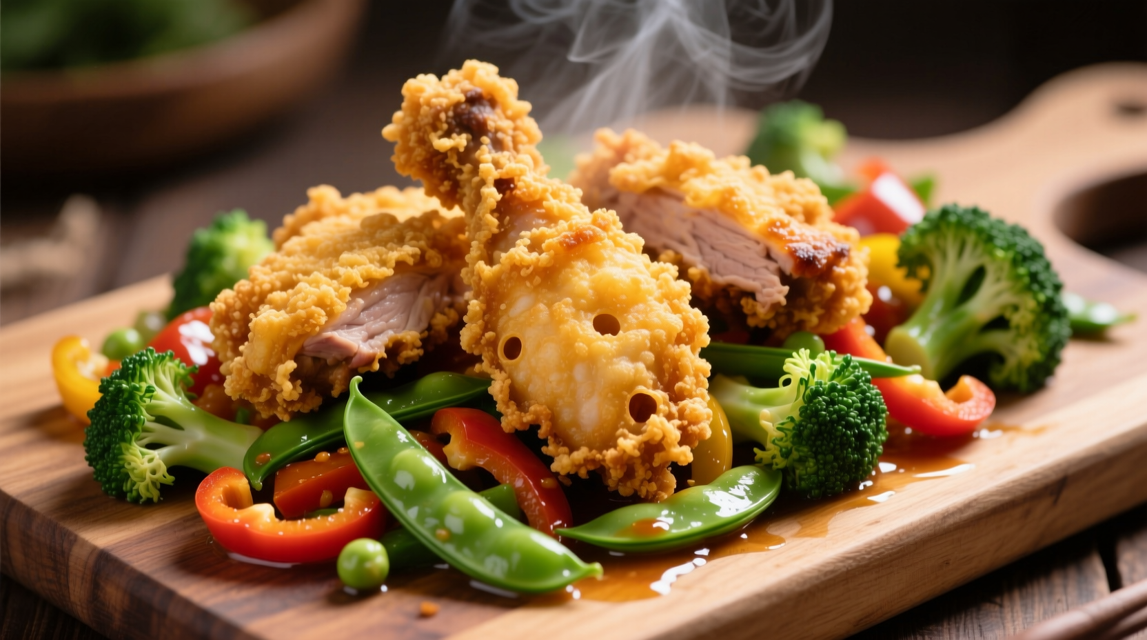 Crispy potato starch coated chicken with vegetables