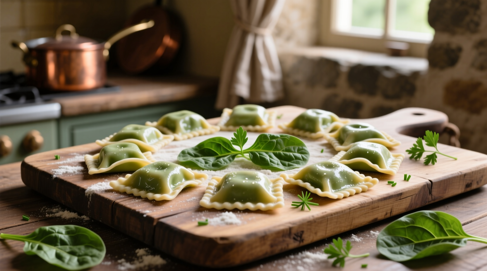 Fresh spinach ravioli on wooden cutting board