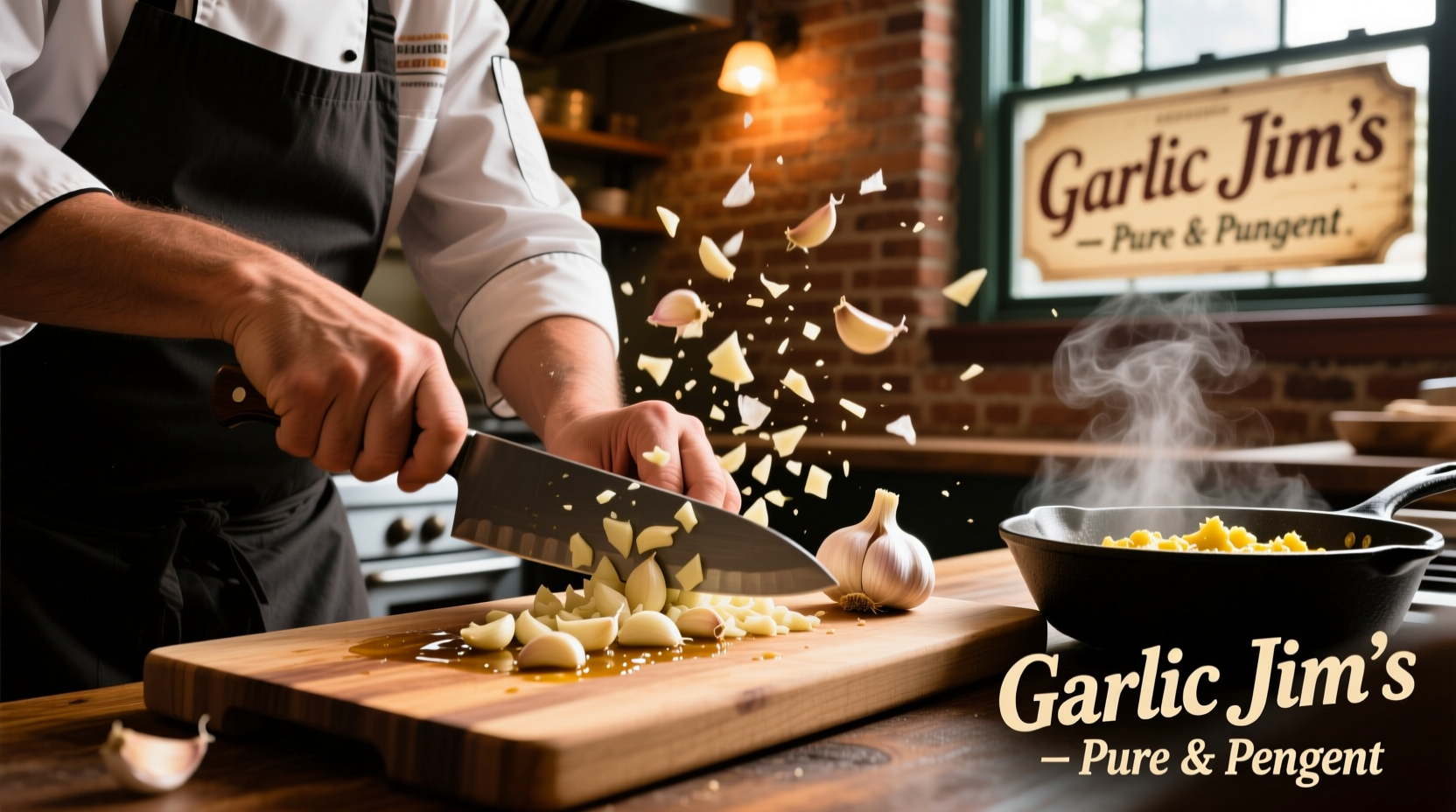 Fresh garlic preparation techniques at Garlic Jim's restaurant