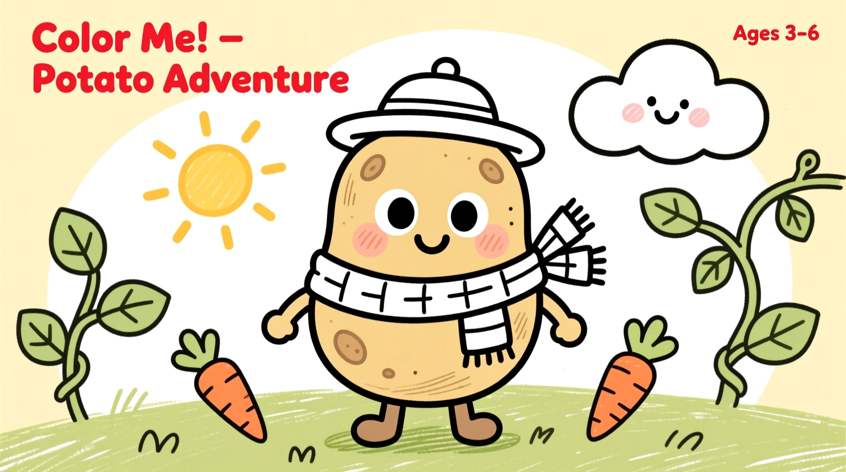 Child coloring potato-themed worksheet with crayons