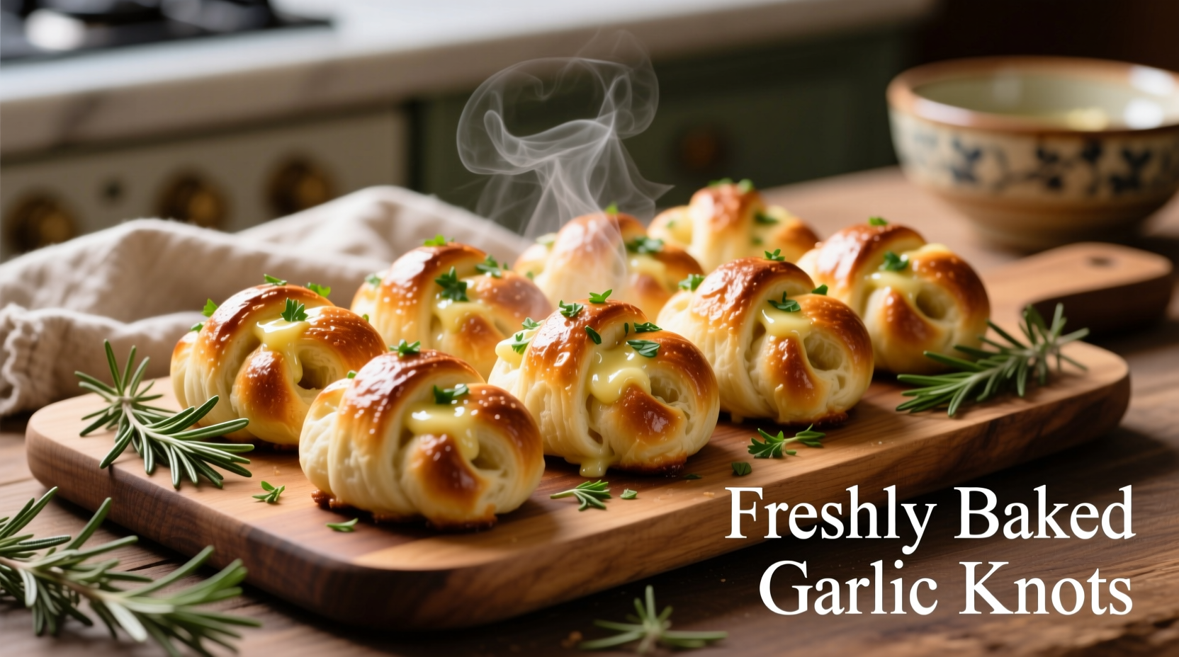 Freshly baked garlic knots on wooden board with herbs