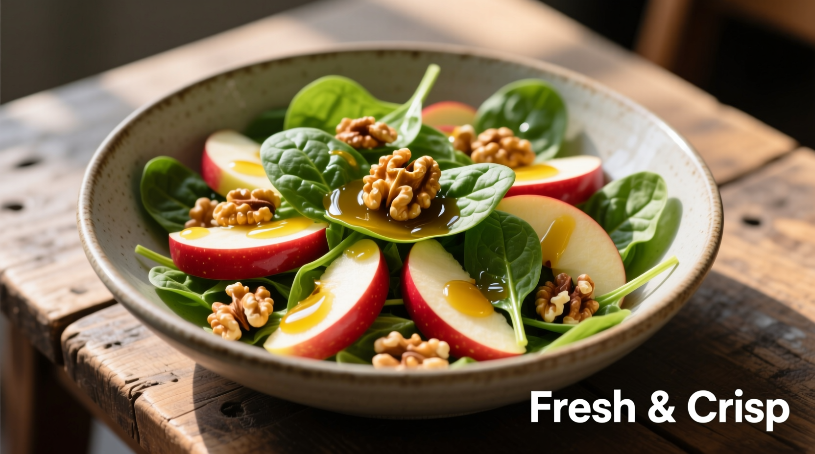 Fresh spinach apple salad with walnuts and vinaigrette