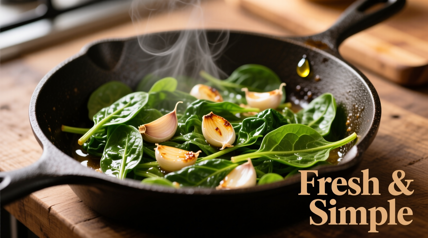 Fresh spinach sautéed with garlic in pan