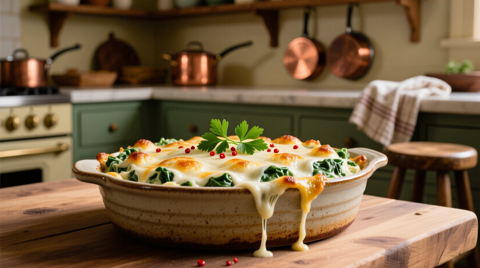 Creamy spinach and artichoke dip bubbling in baking dish