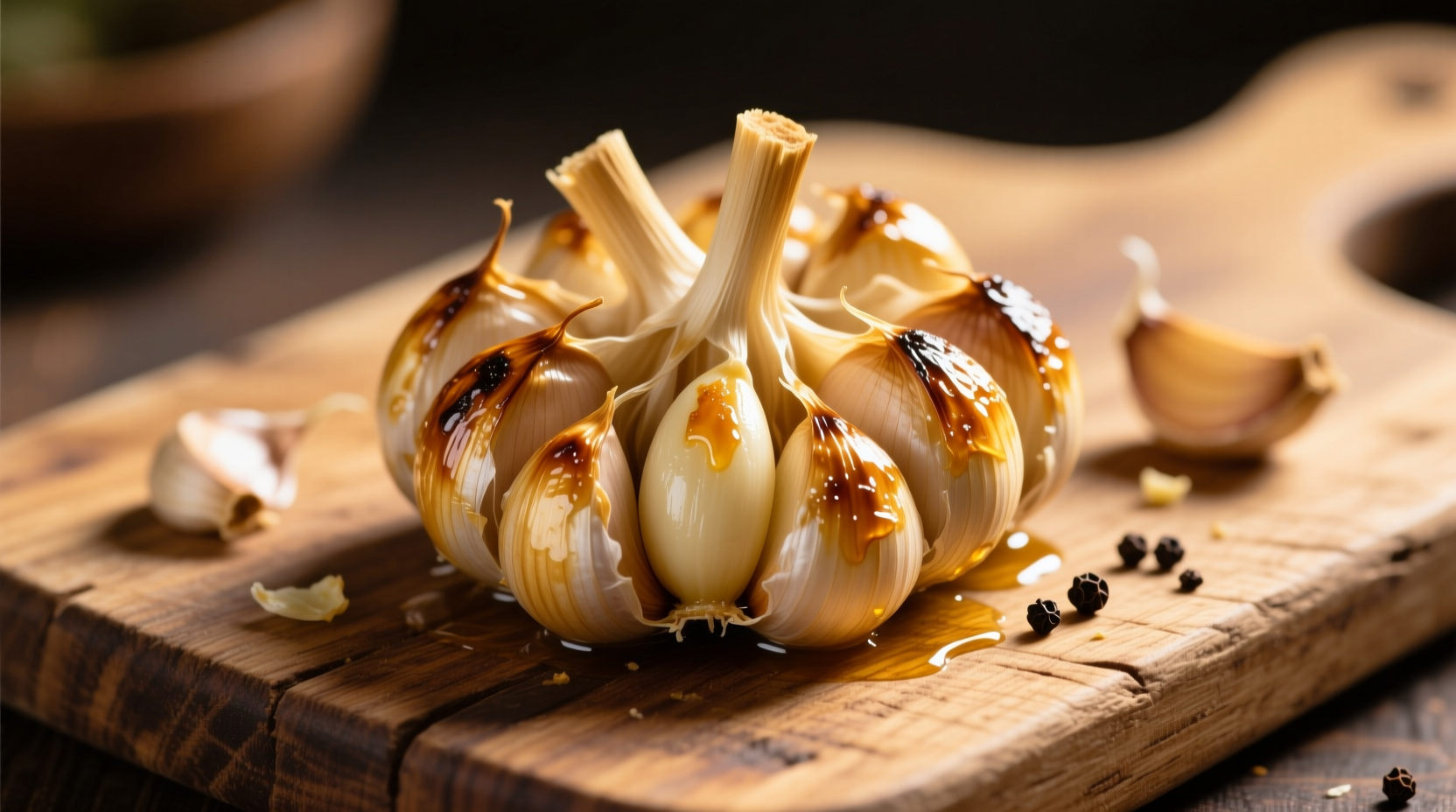 Golden roasted garlic cloves on wooden cutting board