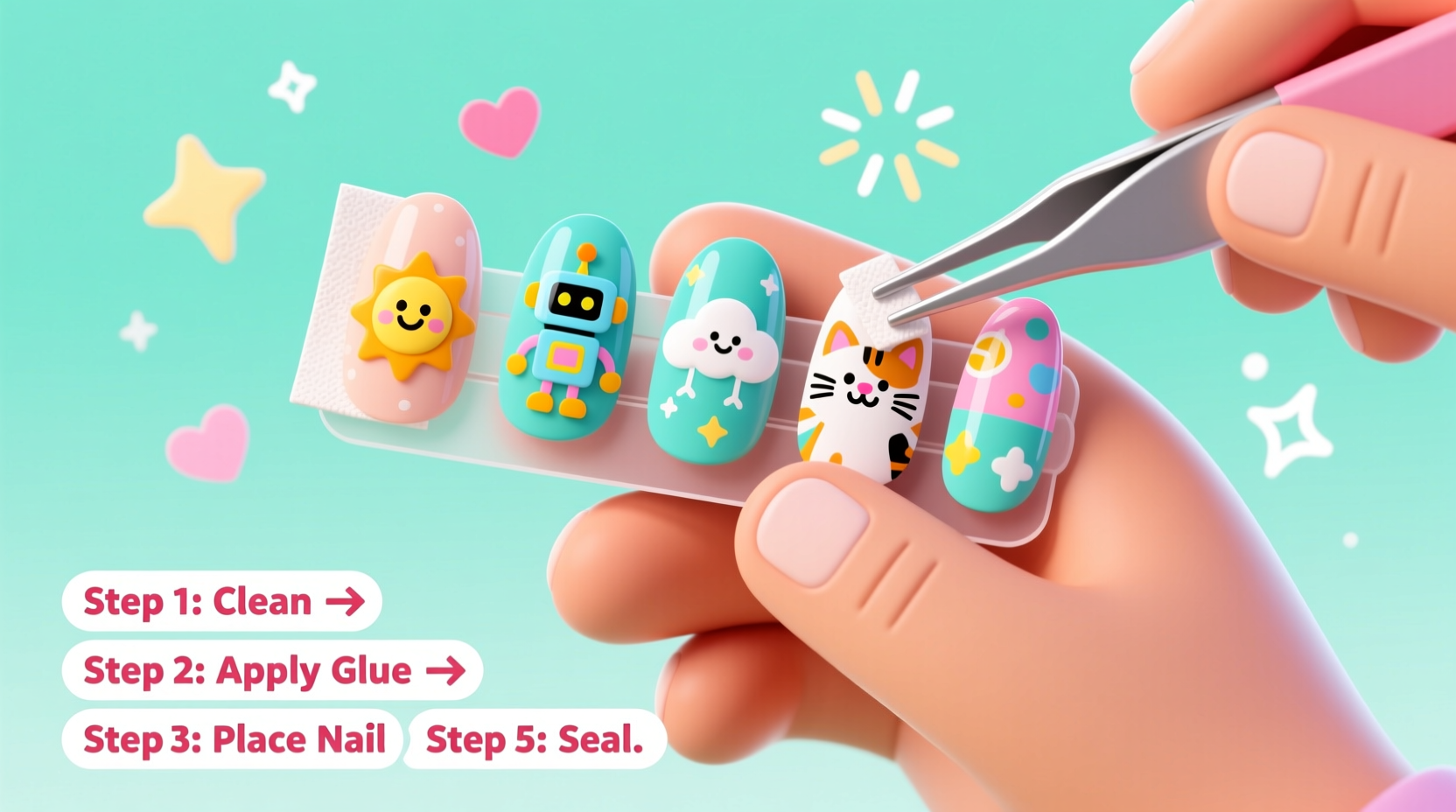 step by step guide to customizing press on nails with unique cartoon patterns